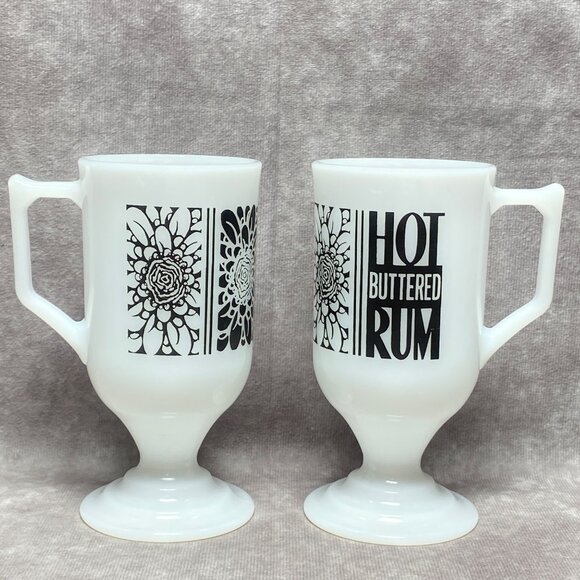 2 Vintage Milk Glass "Hot Buttered Rum" Pedestal Mugs With Black Floral Design - Picture 1 of 9